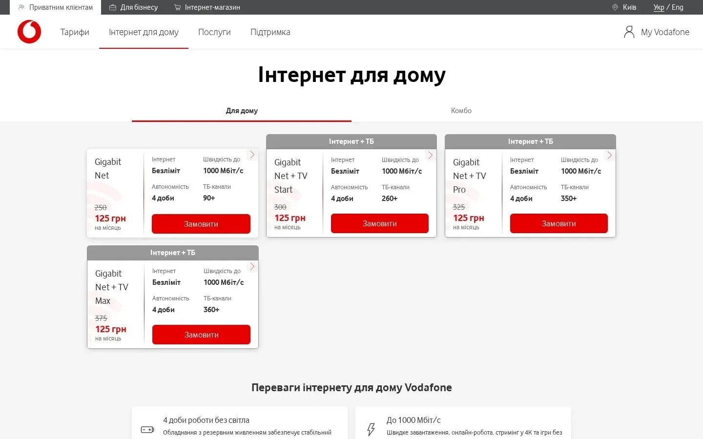Скриншот офіційного сайту Vodafone Gigabit Net